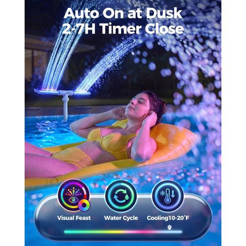 Solar Pool Fountain with Lights, Dual-Head Adjustable Spray & Timer, Remote Control, Auto Dusk Sensor, 10-Color LED Modes & 15°F Cooling Spray for Above & Inground Pools