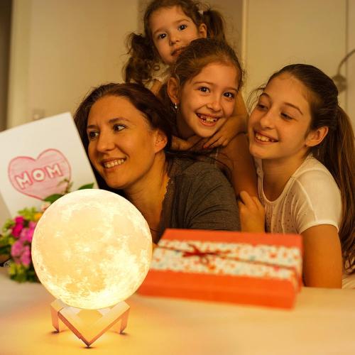 Mydethun 3D Moon Lamp with 5.9 Inch Wooden Base - Gift for Mom, LED Night Light, Mood Lighting with Touch Control Brightness for Home Décor, Bedroom, Women Kids Moonlight - White & Yellow