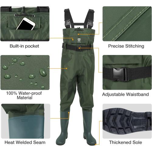 TIDEWE Bootfoot Chest Wader, 2-Ply Nylon/PVC Waterproof Fishing Hunting Waders with Boot Hanger for Men Women Green Brown