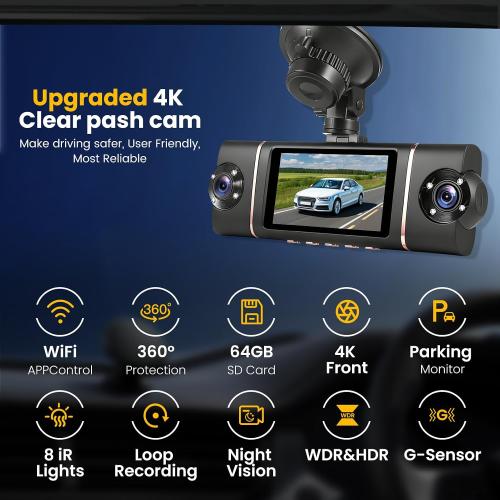 4 Channel Dash Cam 360° View Front Rear Inside & Left Right,4K 1080P*3 FHD Car Camera,5G WiFi & APP Control,8 IR Lamps Night Vision, G-Sensor, 24H Parking Mode, with a Free 64GB SD Card