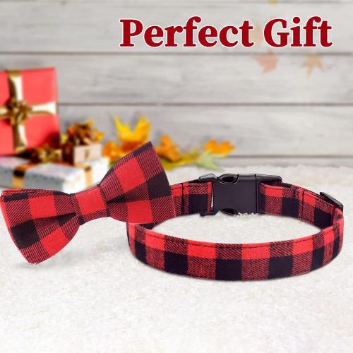 Malier Dog Cat Collar with Bow tie Christmas Plaid Dog Collar with Light Release Buckle for Small Medium Large Dogs Cats Pets - Small