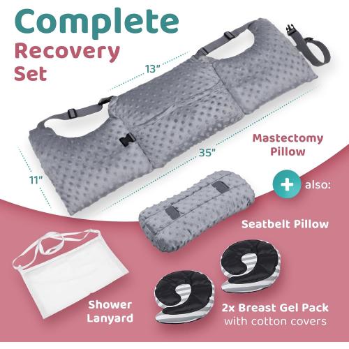 Zomaple Mastectomy Recovery Pillow with Strap, Swirly Gel Pack, Seat Belt Cover & Shower Lanyard – Post-Op Essentials, Breast Augmentation/Reduction & Recovery Supplies – Washable Cover for Comfort