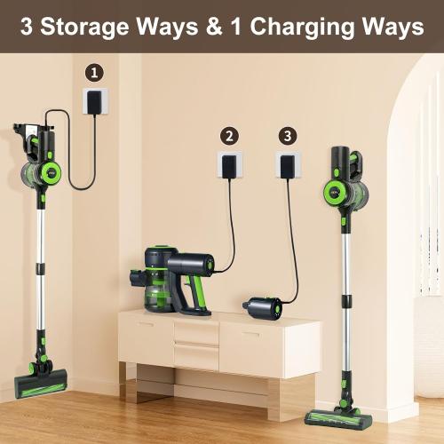 Cordless Vacuum Cleaner, 8-in-1 Stick Vacuum Cleaner with Super Suction, 30Kpa Powerful Suction Vacuum with 60 Mins Runtime Detachable Battery, Vacuum Cleaners for Hardwood Floor Pet Hair，Green