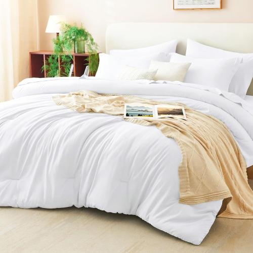 CozyLux Queen Comforter Set White, 7 Pieces Bed in a Bag Queen Comforter Set with Sheets, Luxury Soft Bedding Sets with Down Alternative Comforter, Fitted Sheet, Flat Sheet, Pillowcases & Shams