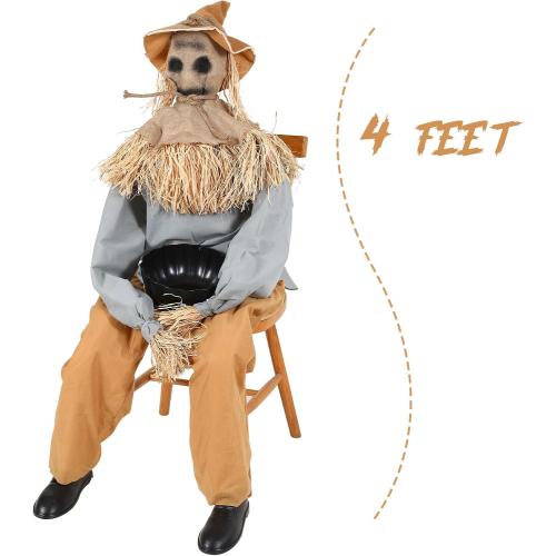 Halloween Decorations- 4Ft Scary Sitting Scarecrow with Spooky Sound Glowing Eyes, Animatronic Scary Props Decor for Home Party Indoor Porch Yard Decoration