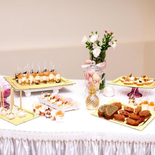 Honeydak 4 Pcs Gold Rectangle Serving Trays Heavy Duty Disposable Paper Cardboard Serving Platter for Food Tea Fruit Trays Cupcake Display Dessert Table Decorations Birthday Party Supplies
