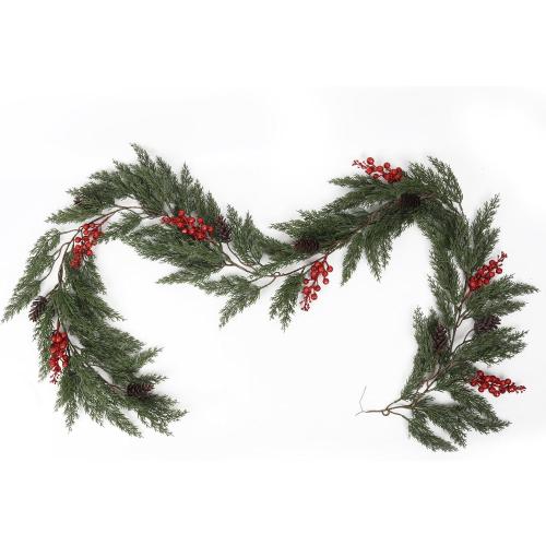RECUTMS Christmas Pine Garland 6.2FT Artificial Christmas Cedar Garlands with Pine Cones Red Glitter Berry Stems Faux Cypress Wreath for Door Window Wall Mantel Indoor Outdoor Xmas Decor(Red Berry)