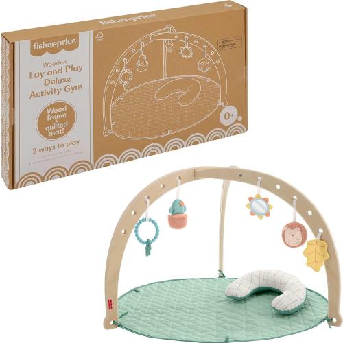 Fisher-Price Wood Baby Playmat Lay & Play Deluxe Activity Gym with Wooden Frame & Tummy Time Sensory Toys for Newborns 0  Months (Amazon Exclusive)