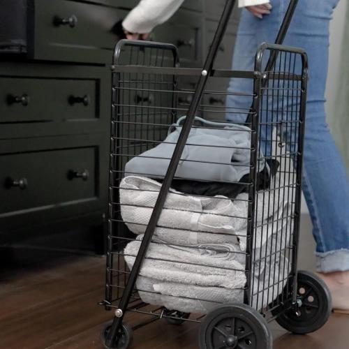 DMI Utility Cart with Wheels to be used for Shopping, Grocery, Laundry and Stair Climber Cart, Weighs 7.5 Pounds but holds up to 90 Pounds, Compact and Foldable, Black