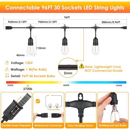 Mlambert 96FT LED Outdoor String Lights, Dimmable Waterproof Patio Lights with 30 3 Shatterproof Edison Vintage Bulb for Outside Backyard Porch Garden