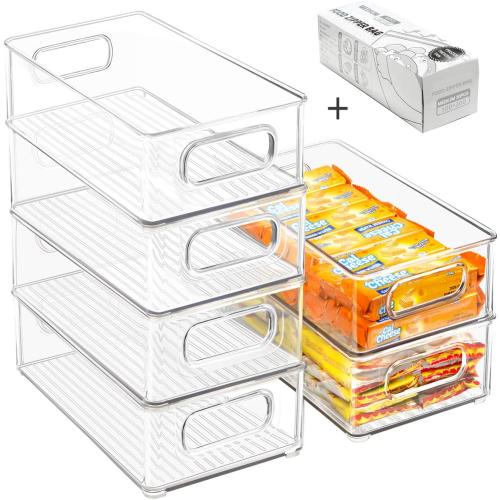 Stackable Refrigerator Organizer Bins, 6 Pack Clear Kitchen Organizer Container Bins with Handles