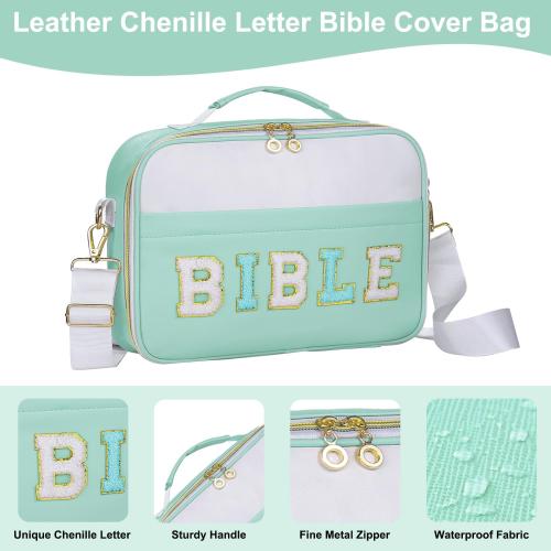 Bible Cover Case for Women, Large Chenille Letter Bible Carrying Case with Shoulder Strap, Church Bible Tote Bag for Woman Lady Teen Grils, Bible Totes for Bible Study Accessories-Green