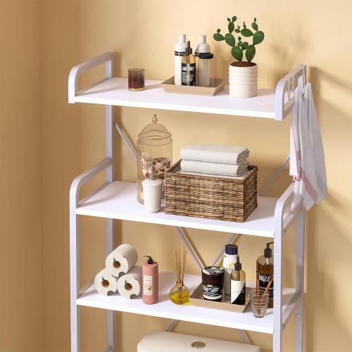 Huhote Over The Toilet Storage Rack with 3-Tier Bathroom Shelves, Space Saver Toilet Shelf, Bathroom Storage Organizer with Hooks for Over Toilet Storage and Shelf (White)