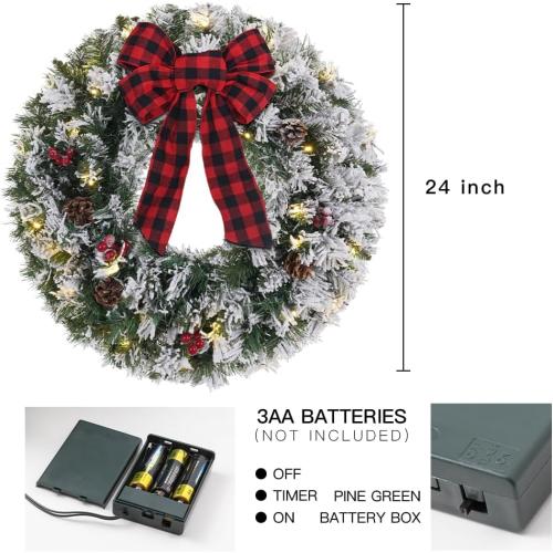 Christmas Wreaths for Front Door, DECSPAS 24 Inch 2 FT Prelit Snowy Flocked Christmas Wreath with Timer 30 LED Lights Bow Red Berries Pine Cone, Xmas Wall Windows Decorations Home Decor Outdoor Indoor