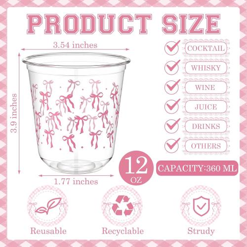 60 Pcs 12 oz Plastic Stemless Wine Glasses Party Disposable Clear Cups for Birthday Baby Shower(Pink Bow Style)