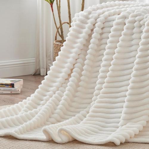 BEDELITE King Size Blanket for Bed, 300GSM Soft & Warm Fleece Blanket, Decorative and Giftable Striped Cream White Blankets for Women, Men, 108x90
