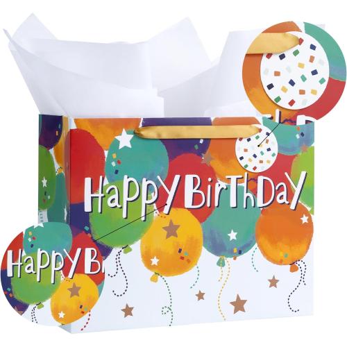 Loveinside Colorful Birthday Gift Bag, Balloons Pattern with HAPPY BIRTHDAY Text, Matching Tissue Paper, Greeting Card and Tag, Ideal for Kids' Birthday Gifts, 13 x 5 x 10, 1 Pcs