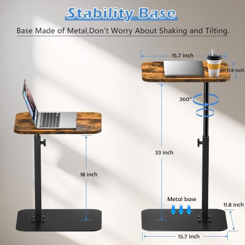 Side Table Sofa Tray for Couch Heavy Metal Base Swivel/Adjustable Height, Sofa Bed Bathroom Study TV Tray C Shaped End Table Food Snack Trays for Eating