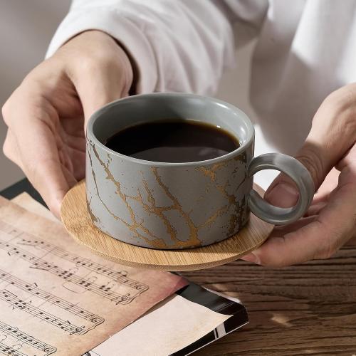 LUKA 6 Ounce Porcelain Stackable Espresso Cups with Saucers and Metal Stand Set of 4, Ceramic Cappuccino Cups Set for Specialty Coffee Drinks, Latte, Cafe Mocha and Tea, Gray