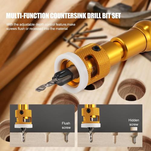 7 Pcs Countersink Drill Bit Set with Low Friction Depth Stop,82 Degree Carbide Tipped Countersink Bit(1/8x3/8,9/64x 3/8,5/32x3/8,11/64x1/2,3/16x1/2 ) with 1/4 Quick Release Hex Shank (Yellow)