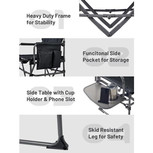 TIMBER RIDGE 400lbs Heavy Duty Camping Chair Portable Directors Chair | Folding Camp Chair with Side Table & Pocket Compact Size for Outdoor, Lawn, Sports and Fishing, Black