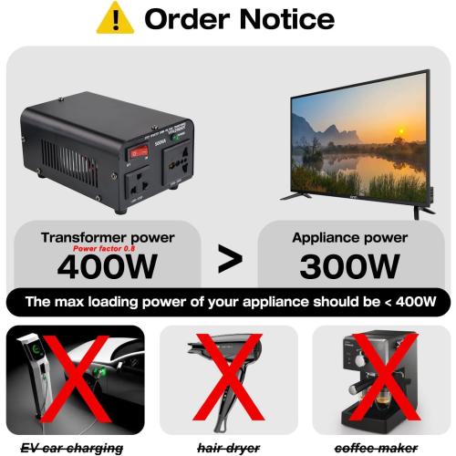 Yinleader 500W Voltage Transformer Power Converter(110V to 220V, 220V to 110V) Step Up/Down Converter 110/120 Volt - 220/240 Volt w/US Power Cord [300W Continuous Power]