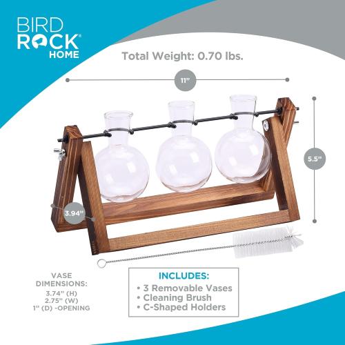 BIRDROCK HOME Plant Propagation Station | 3 Bulb Vase with Wooden Stand Terrarium | Great Gift Idea for The Home Office Garden | Hydroponics Plants