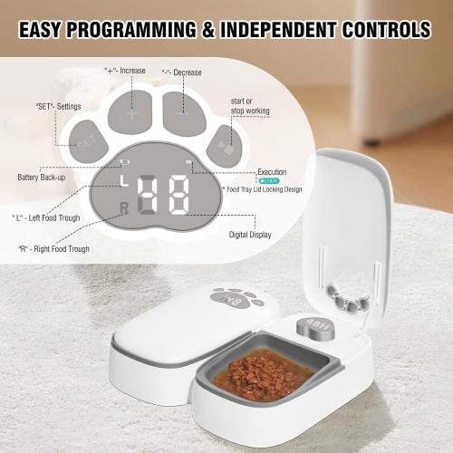 Automatic Cat Feeder 2 Meal, 48H Timer Wet Dry Cat Food Dispenser, with Display and Power Saving Mode, for Cat and Dog Automatic Feeder