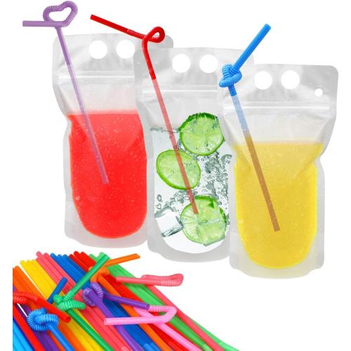 100 Pcs Drink Pouches with 100 Straw Holes, Freezable Juice Pouches, Translucent Reclosable Zipper Plastic Pouche Drink Bags for Cold & Hot Drinks for Adults and Kids