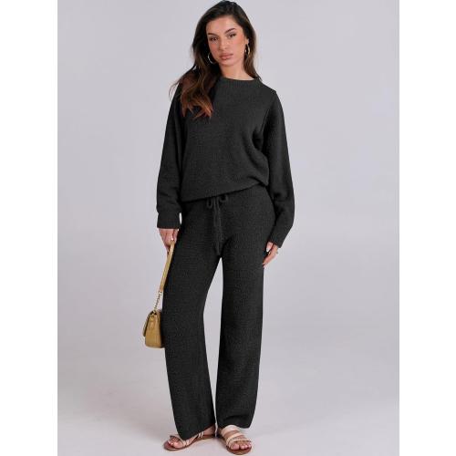 ANRABESS Women's Fuzzy  Pajama Sets 2 Piece Outfits Long Sleeve Top Wide Leg Pants Lounge Matching Set 2025 Fall Winter size XS