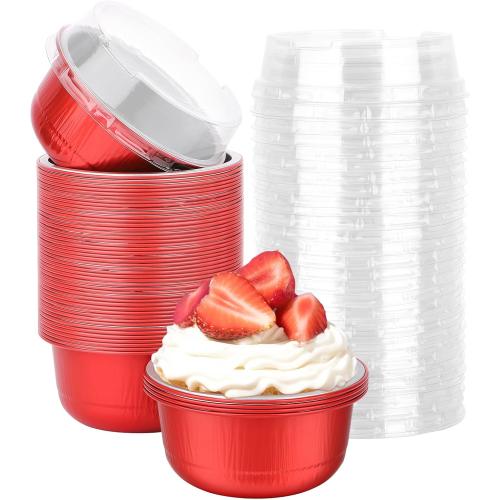 Beasea Disposable Baking Cups With Lids, 50 Pack 6.1oz 180ml Aluminum Foil Ramekins Round Baking Mini Cupcake Oven Cups for Party - Red