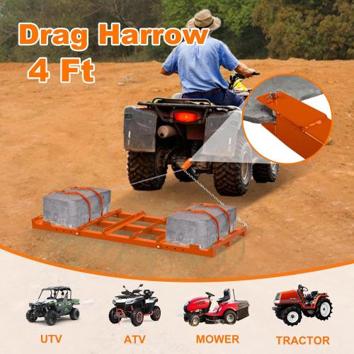 4 Ft Drag Harrow, Heavy Duty Driveway Grader, Tow Behind Lawn Rake with 5 Ft Chain, 4 Safety Belts, 2 Adjustable Bars, Driveway Drag for Gravel, Sand, Lawn, Soil, Hay, ATV, UTV, Mower, Tractor, Orange