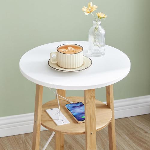 HOOBRO Round Side Table with Charging Station, Round Accent End Table with Bamboo Legs for Living Room, Bedroom, White and Natural YW101UBZ01