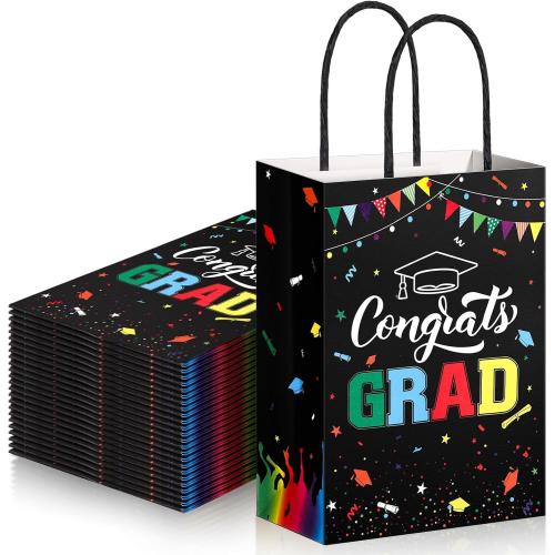 TaoBary 24 Pcs Black Rainbow 2025 Graduation Gift Bags Congrats Grad Bags Party Favors with Handles Graduation Treat Paper Gifts for Grad Party Supplies, 8 x 6 x 3 Inches