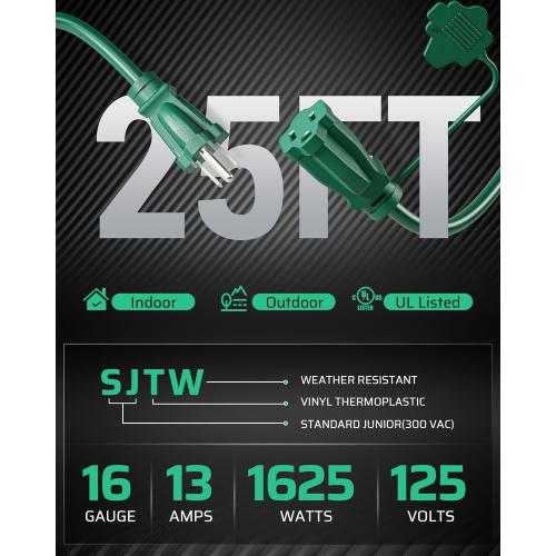 DEWENWILS 25Ft Outdoor Extension Cord, Evenly Spaced 3 Outlets Plugs with Safety Cover, 16/3 SJTW Weatherproof Wire for Outdoor String Lights, ETL Listed
