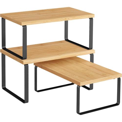 SONGMICS Cabinet Organizer Shelf, Set of 3 Kitchen Counter Shelves, Kitchen Storage, Spice Rack, Stackable, Expandable, Ink Black and Natural Beige UKCS014YL03