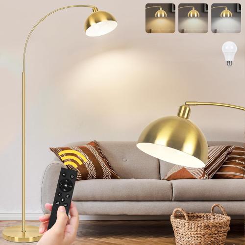 Gold【Upgraded】 Arc Floor Lamps for Living Room - Stepless Dimmable Gold Tall Lamp with Remote Control & Color Temperature 9W LED Bulb, Over Couch Arched Reading Standing Lamp for Bedroom Brass
