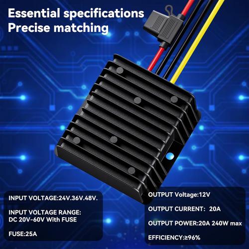 36V 48V to 12V 20A Step Down Converter-Golf Cart Voltage Reducer with Fuse|36V 48V to 12V Converter for Golf cart 20A 240W DC to DC Converter Waterproof for RV Accessories, Forklifts & Solar Systems