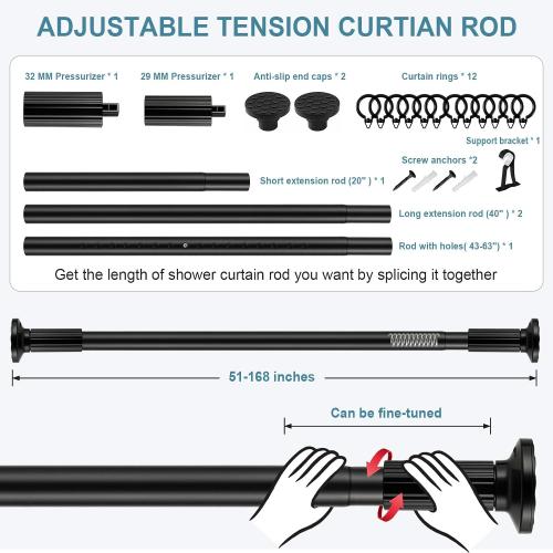 Tension Curtain Rod 51-168 In (4.25-14 Ft), Extra Long Tension Curtain Rod for Patio, Outdoor Curtain Rod No Drilling, Adjustable Spring Shower Rod for Bathroom Window Easy to Install No Rust, Black