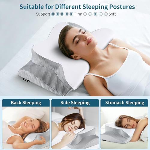 White and Grey Neck Pillow Cervical Memory Foam Pillows, Cooling Contour Pillow for Neck Pain Relief, Ergonomic Orthopedic Bed Pillow for Side Back Stomach Sleepers with Breathable Pillowcase