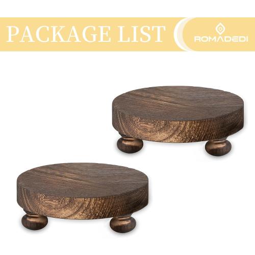 Romadedi Farmhouse Wood Riser for Display- 2 pcs Rustic Decor Mini Wooden Pedestal Decorative Round Tray for Home Table Bathroom Counter Shelf Kitchen, Brown