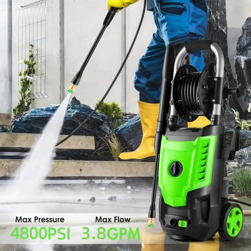 4800PSI Electric Pressure Washer- 3.8GPM High Power Washer with 33FT Hose Reel, 4 Spray Tips and Soap Bottle for Car Washing, Fence Cleaning, Patio Maintenance（Upgraded） (Green)