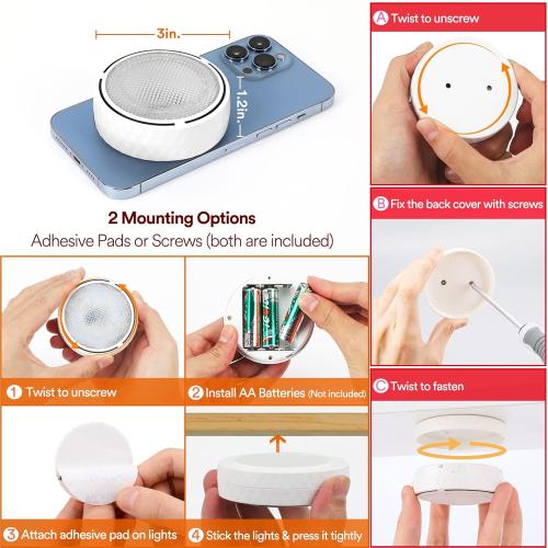 White 6 Pack Puck Lights with Remote Control, Battery Operated Wireless Under Cabinet Lighting, Stick on Tap Push Lights for Kitchen, Shelf, 6 Pack - White