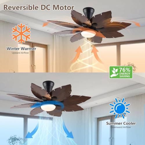 52'' Palm Leaf Ceiling Fans with Lights,Handmade Wooden Dual Fan Blades,Tropical Ceiling Fans with Remote,22W 3 Color LED Light, DC Reversible Motor, Low Profile Ceiling Fan for Patio, Living room