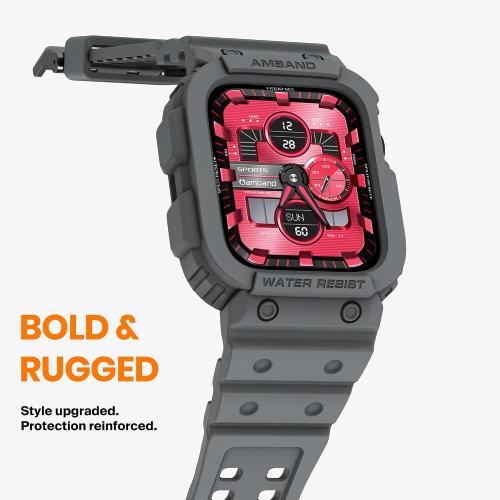 amBand Rugged Sport Band with Case for Apple Watch, Protective Cover for Men & Women, for iWatch Ultra 1/2/3 49mm, Series 10/11 46mm/42mm, 9/8/7 45mm/41mm, SE3/SE2/SE/6/5/4 44mm/40mm, 3/2/1 42mm/38mm