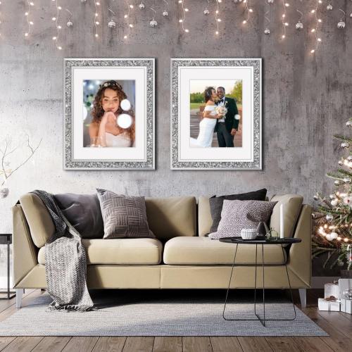 Crushed Diamond Wedding Mirror Photo Frame, Crystal Silver Glass Picture Frame For Photograph Size 11x14 inch With Mat for 8x10 inch, Pack of 2 Pieces Wall Frame. Bling Sparkle Diamond Home Decor.