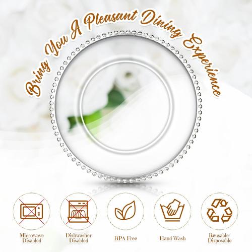 10 PCS Clear Charger Plates with Beaded Rim 13 Inch Plastic Round Charger Plates Bulk for Dinner Home Kitchen Wedding Party Tabletop(Silver)