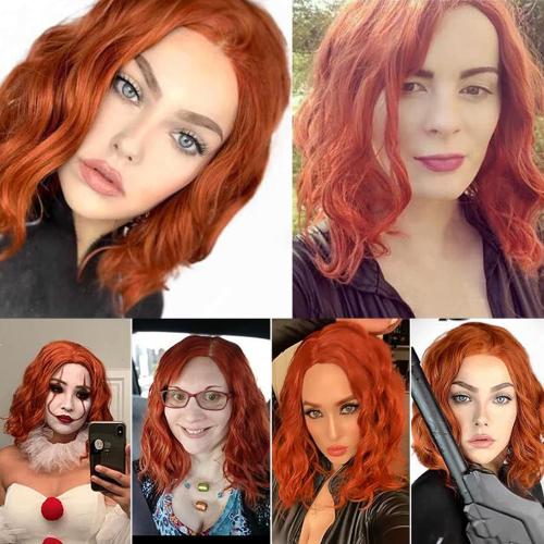 BUFASHION 14 Women Short Orange Red Kinky Straight Cosplay Synthetic Wigs With Air Bangs 46 Colors Available (Orange Red)