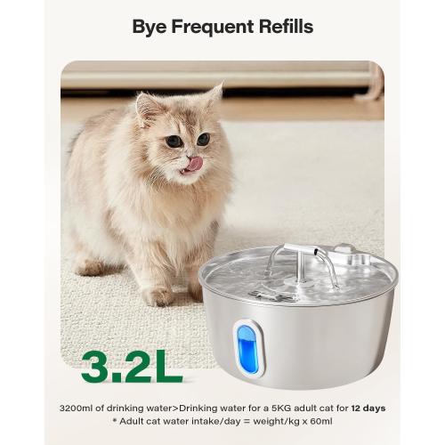 Cat Water Fountain Stainless Steel - 3.2L/108oz Pet Water Fountain for Cats Indoor - Automatic Pet Watering Dispenser (1 Filter)