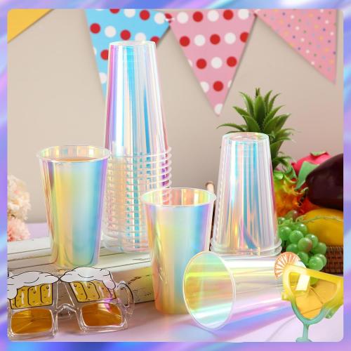 100 Pcs Iridescent Plastic Cups Rainbow Cups Holographic Party Clear Glitter Shiny Plastic Tumblers for Wedding Birthday Bachelorette Mermaid Party(16 oz)